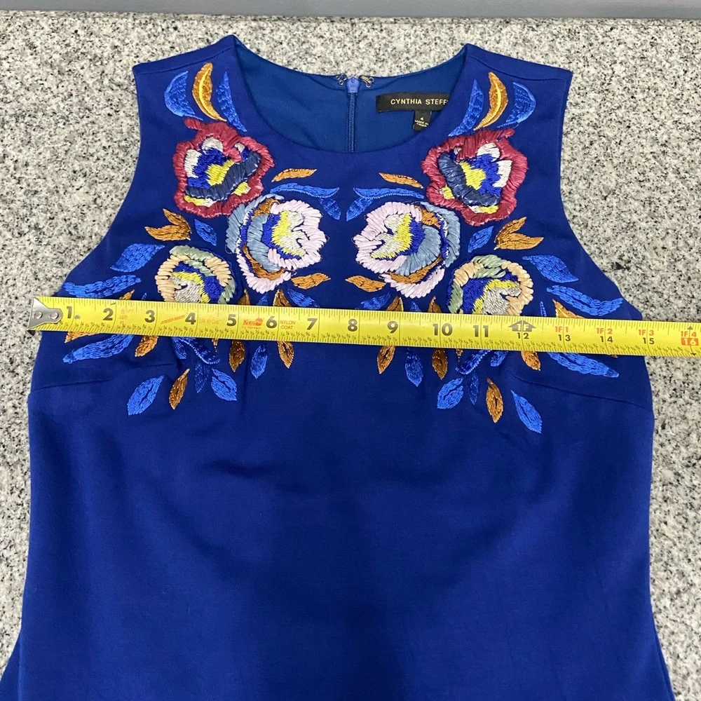 CYNTHIA STEFFE-Womens Blue Sheath Cocktail Dress 4 Floral Embellished Sleeveless - Picture 13 of 15